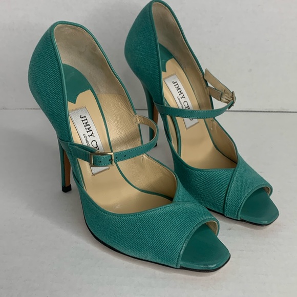 Jimmy Choo green tweed leather peep toe stiletto heel pumps NWOT